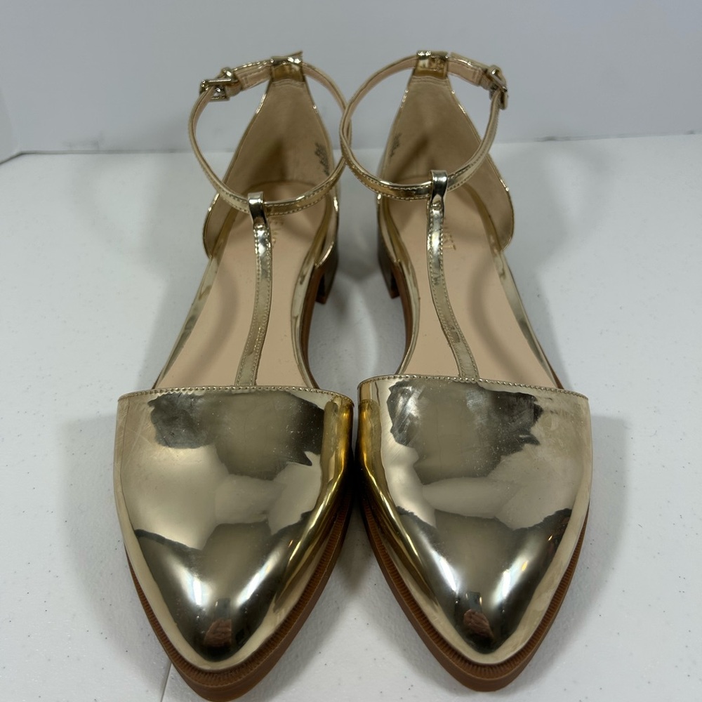 Nine West Gold Metallic Pointed-Toe Ankle Strap Flats - Women